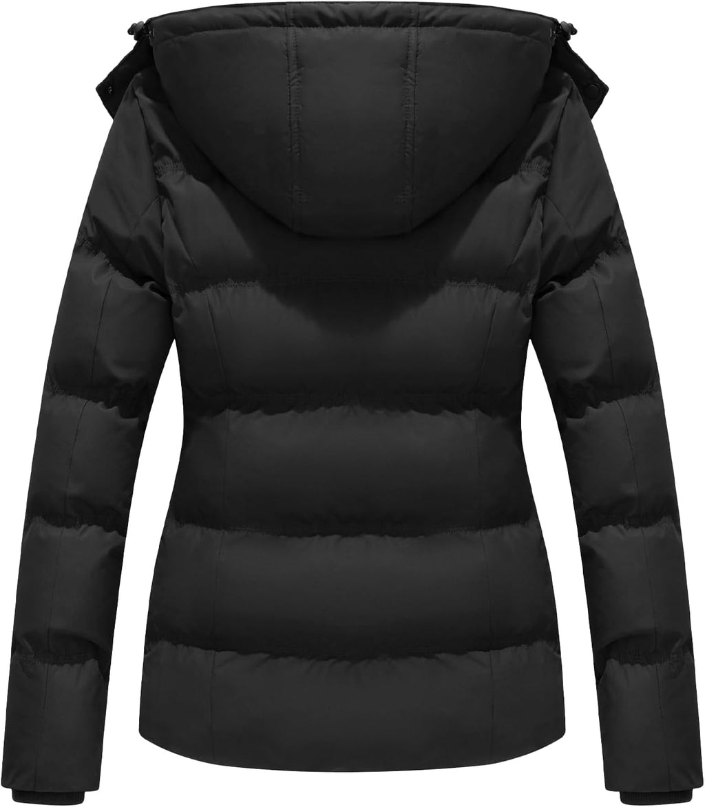 Women’s black hooded puffer jacket, quilted back view with full-length sleeves