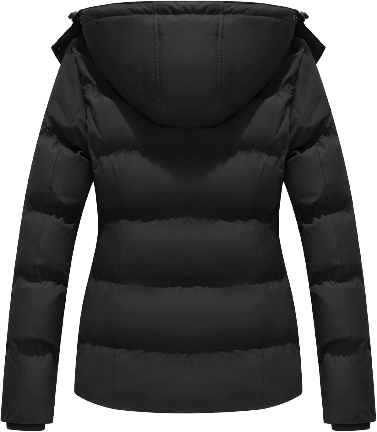 Women’s black hooded puffer jacket, quilted back view with full-length sleeves