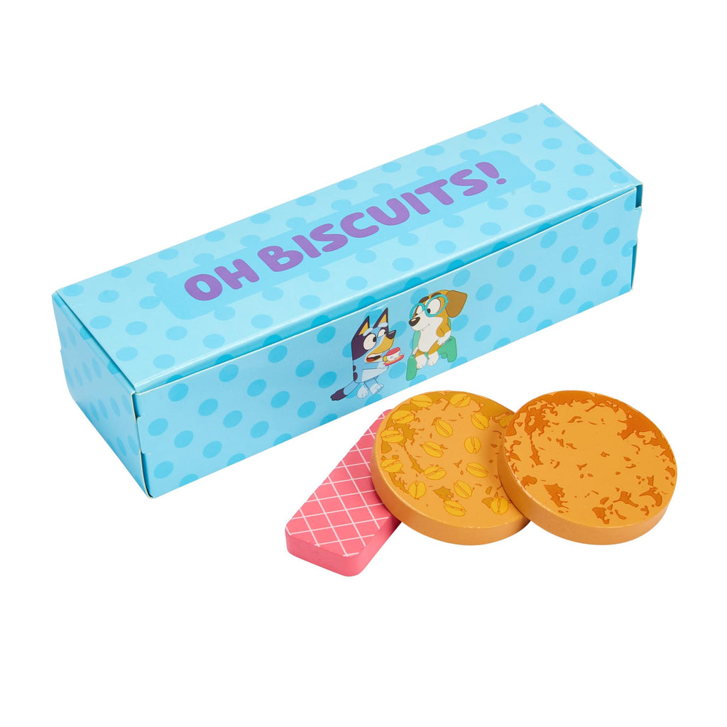 Bluey biscuit-shaped wooden pieces with a blue “OH BISCUITS!” box