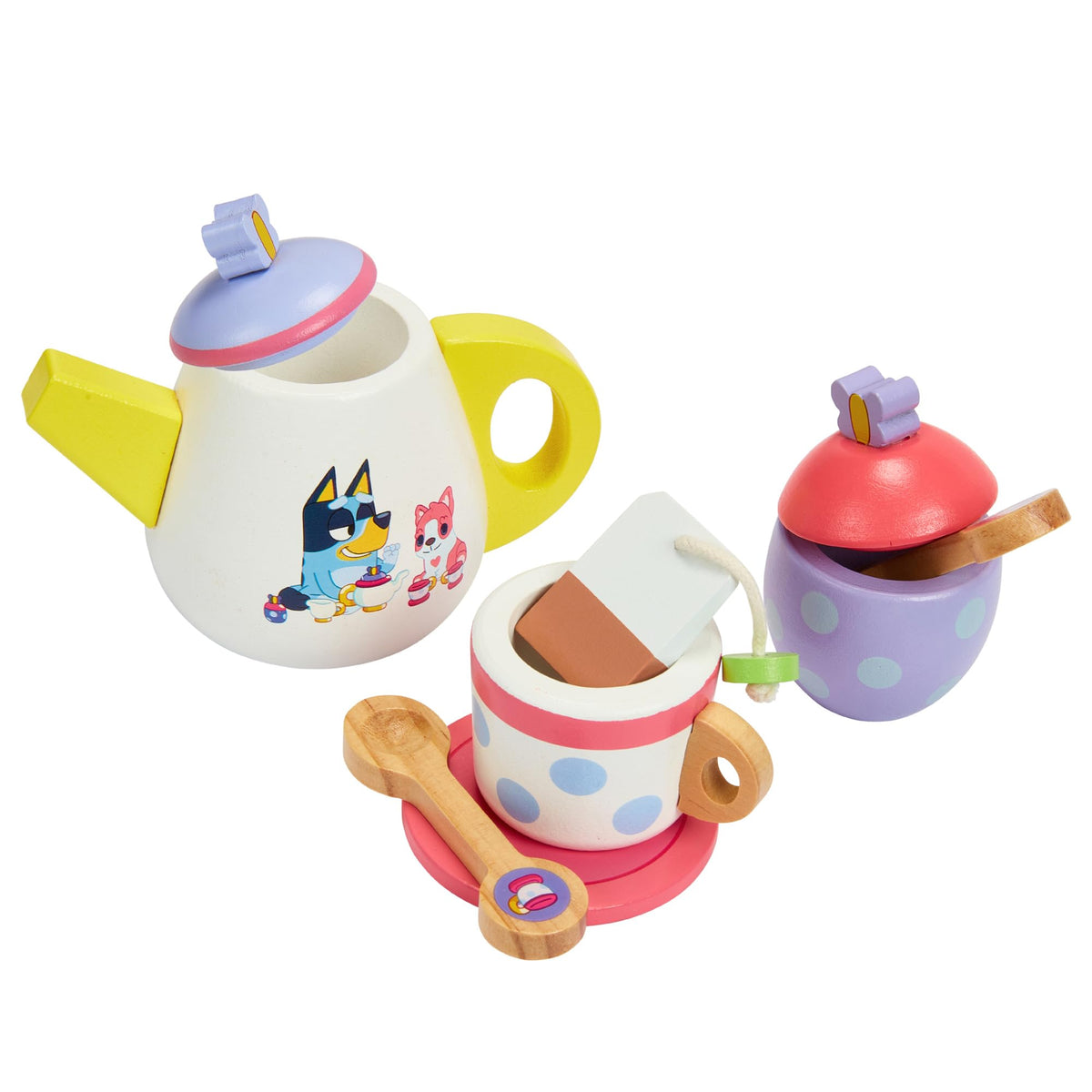 Wooden tea set includes teapot, sugar bowl, creamer, teacup, and wooden tray