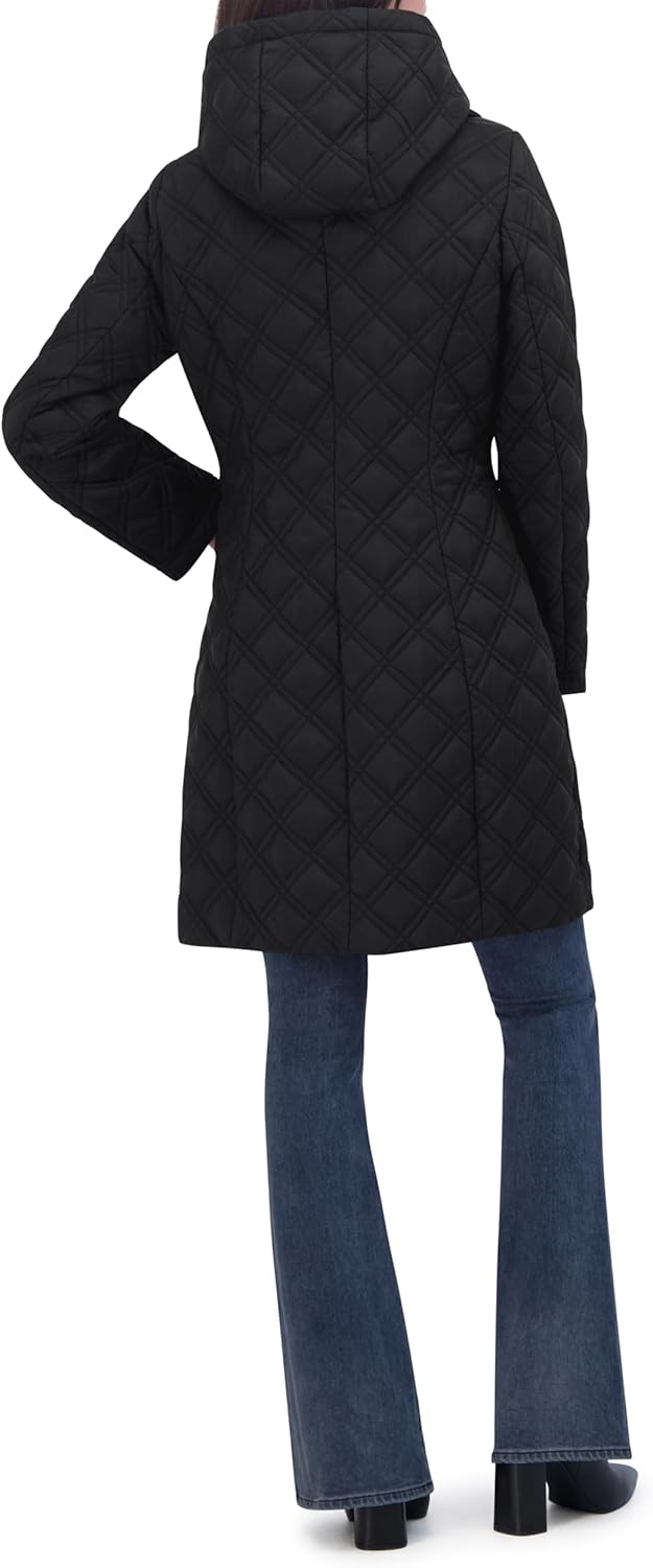 Black quilted hooded jacket back view with diamond pattern and full-length zip