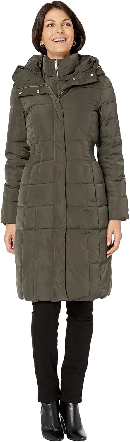 Women's long quilted puffer coat in olive green with hood and front zipper placket