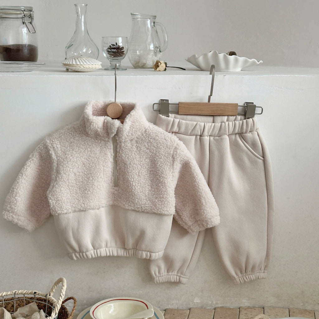 Baby half-zip stand-up collar lambswool sweater in light beige, side view