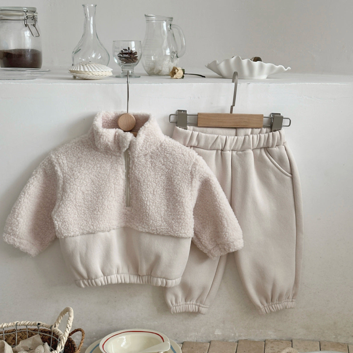 Baby half-zip stand-up collar lambswool sweater in light beige, side view