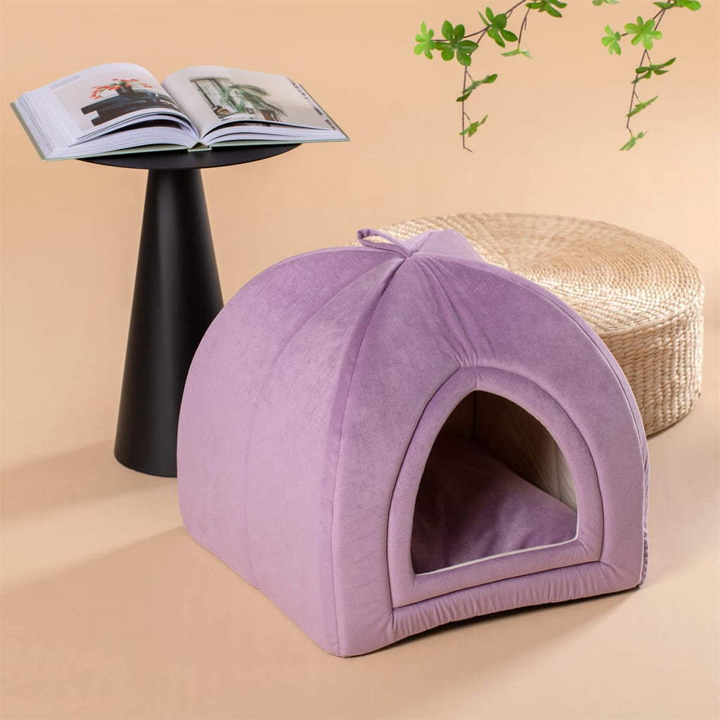 Purple pet tent bed with arched entrance and plush interior, shown without pet