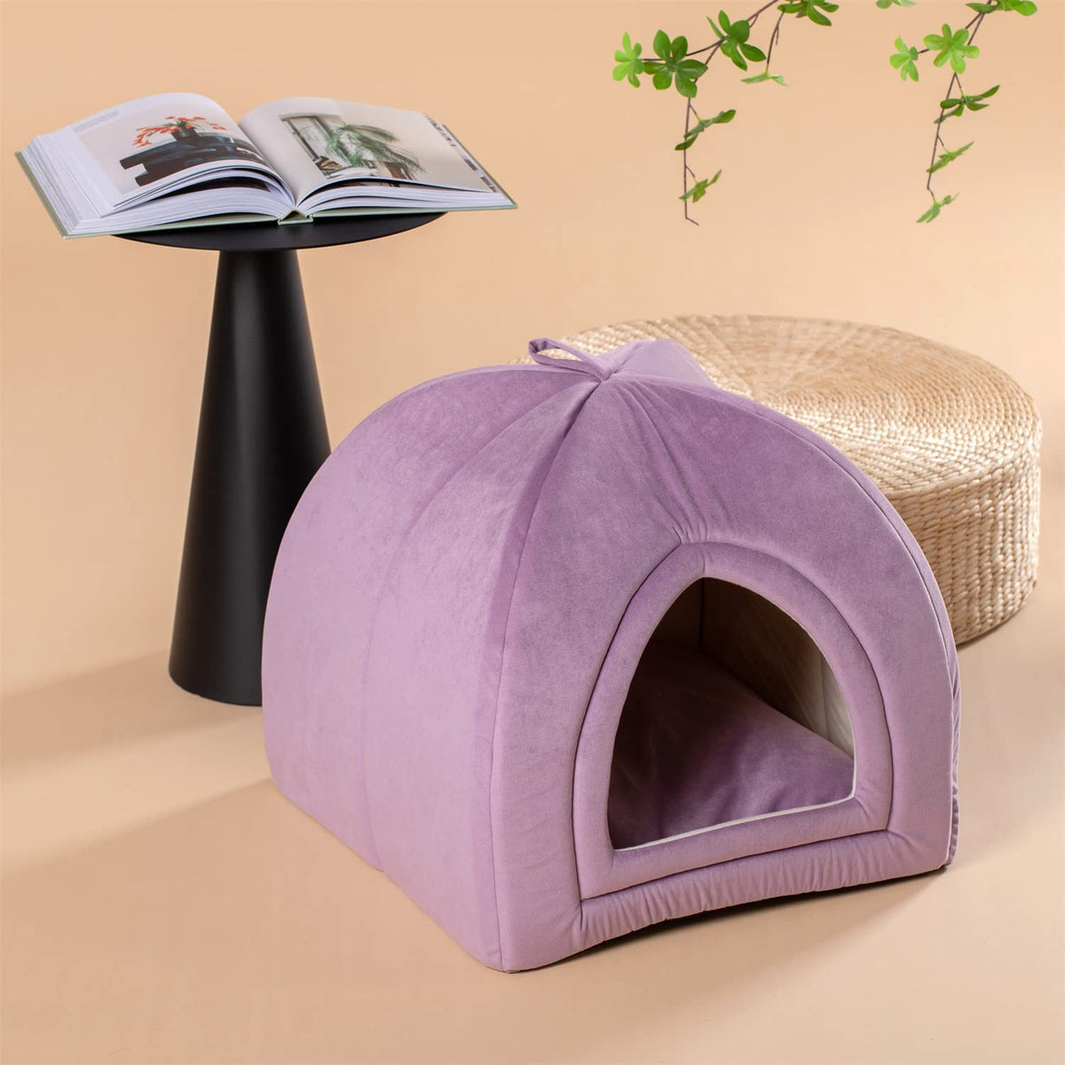 Purple pet tent bed with arched entrance and plush interior, shown without pet