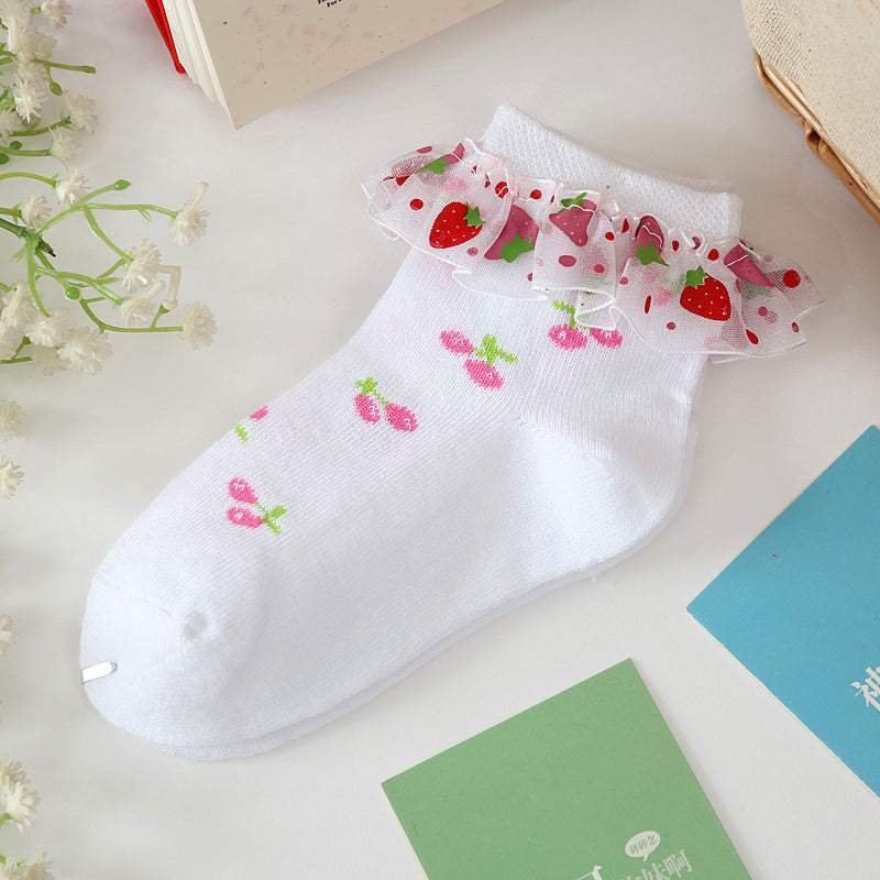 Girls white cotton ankle socks with strawberry print and sheer ruffle lace cuff