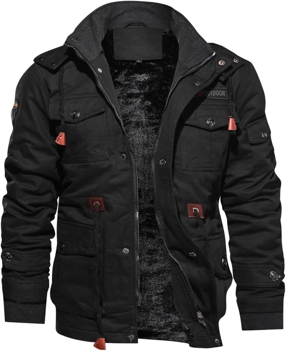 Men’s black hooded winter military jacket with fleece lining and multiple chest pockets