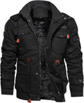 Men’s black hooded winter military jacket, front view, fleece lining and cargo pockets