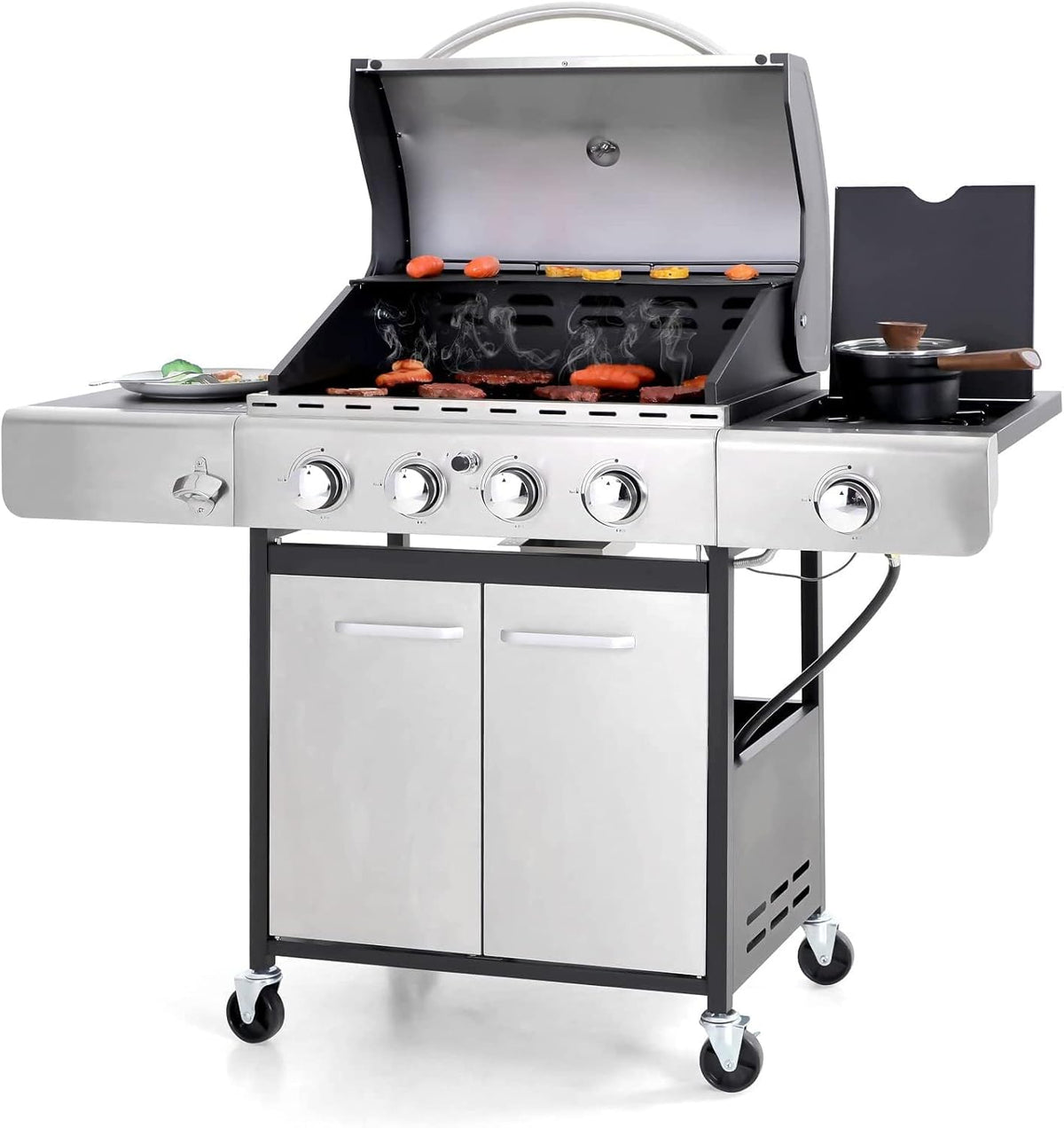 4-burner stainless propane BBQ grill with side burner, lid open, control knobs