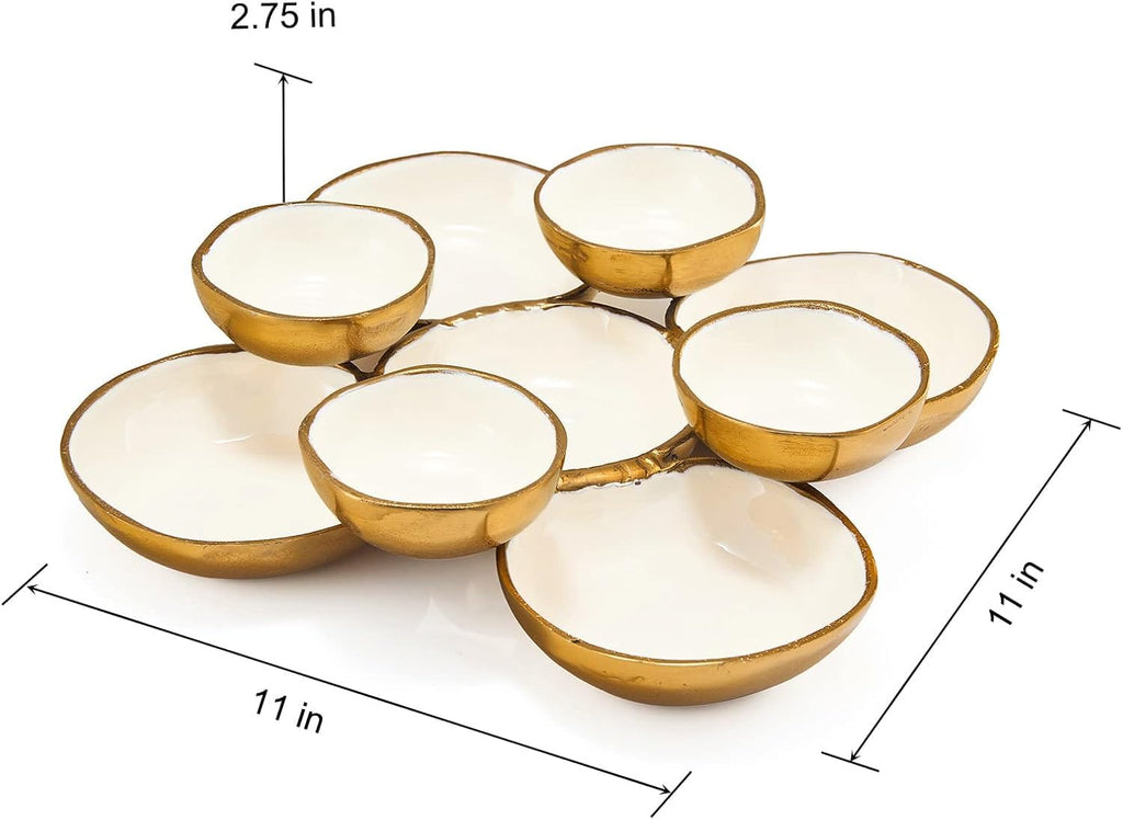 9-piece round serving bowl cluster, gold rim with white enamel inside