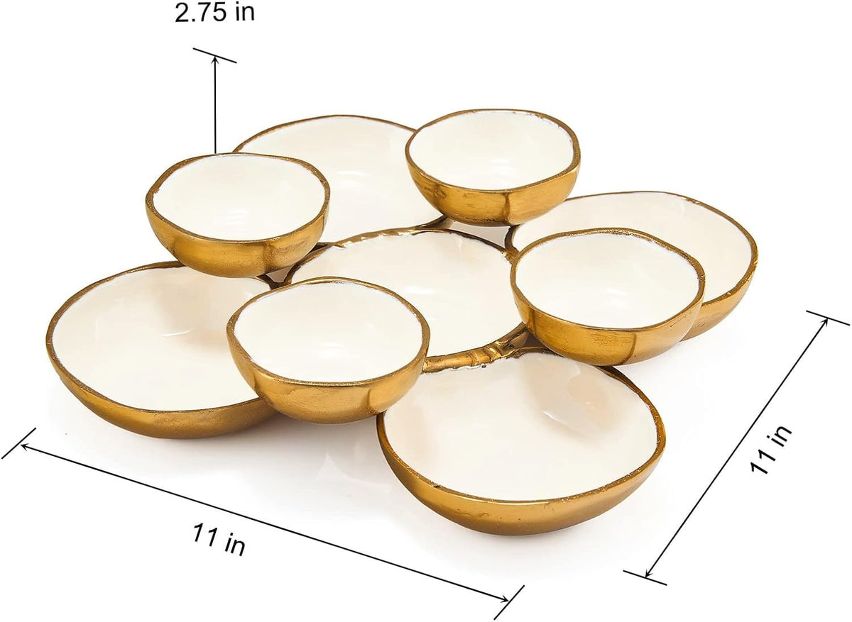 9-piece round serving bowl cluster, gold rim with white enamel inside