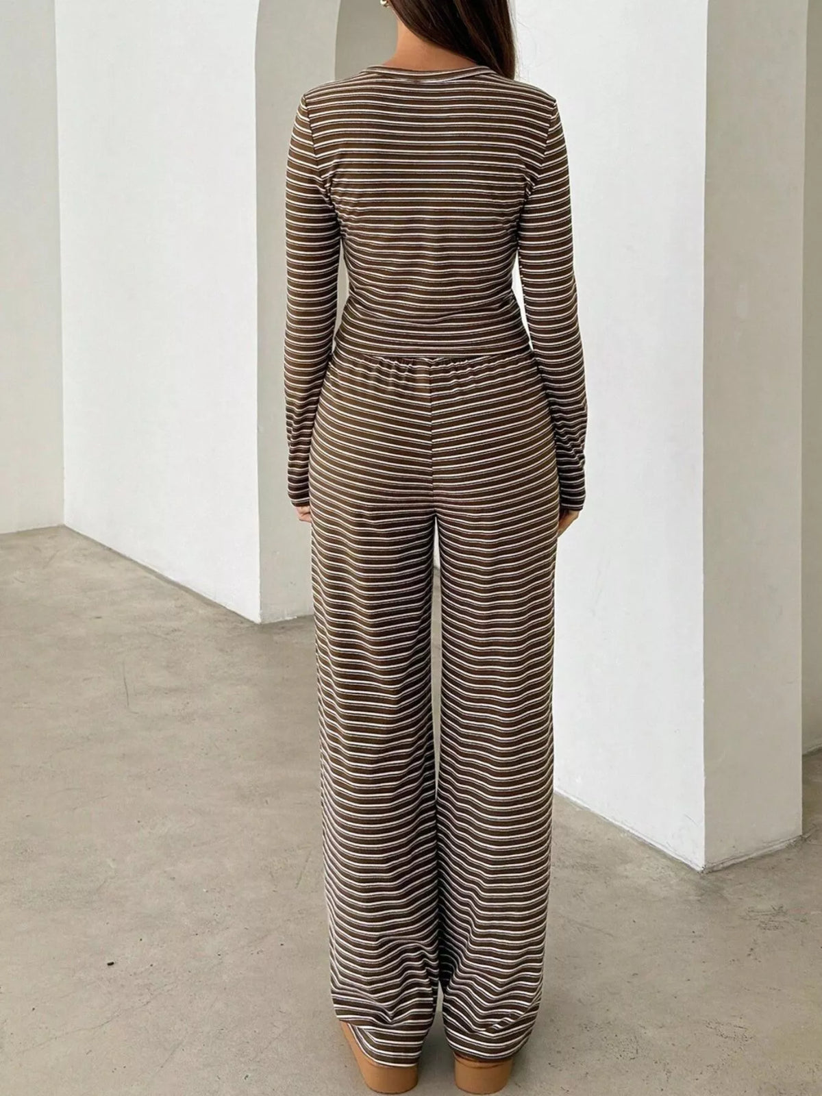 Coffee brown striped long-sleeve crop top and wide-leg pants, full back view
