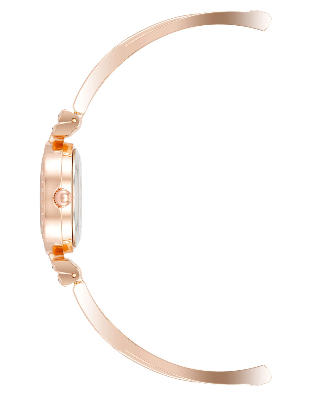 Rose gold-tone bangle watch bracelet with linked band, curved close-up