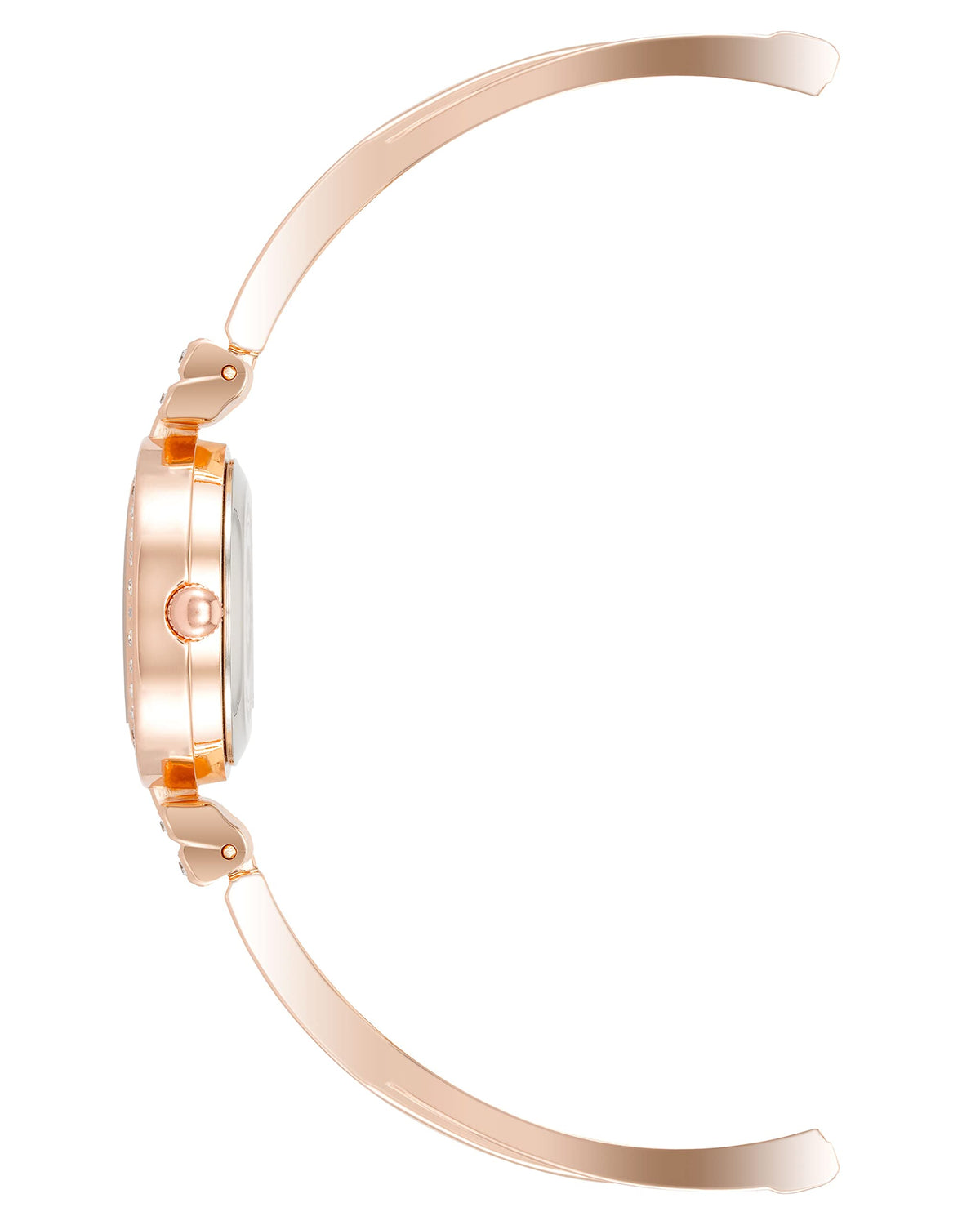Rose gold-tone bangle watch bracelet with linked band, curved close-up