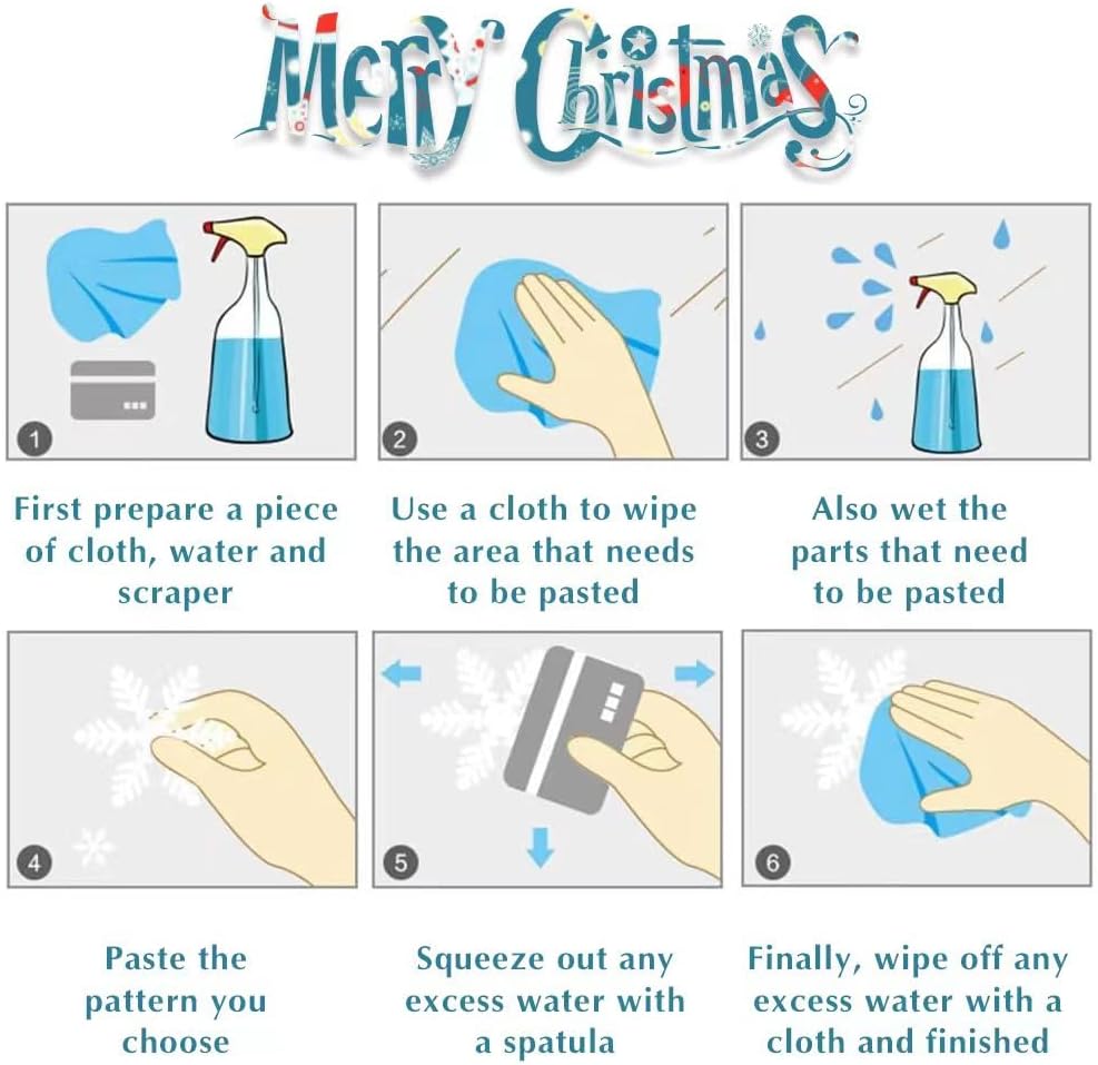 Christmas window sticker instructions diagram showing prep and paste steps