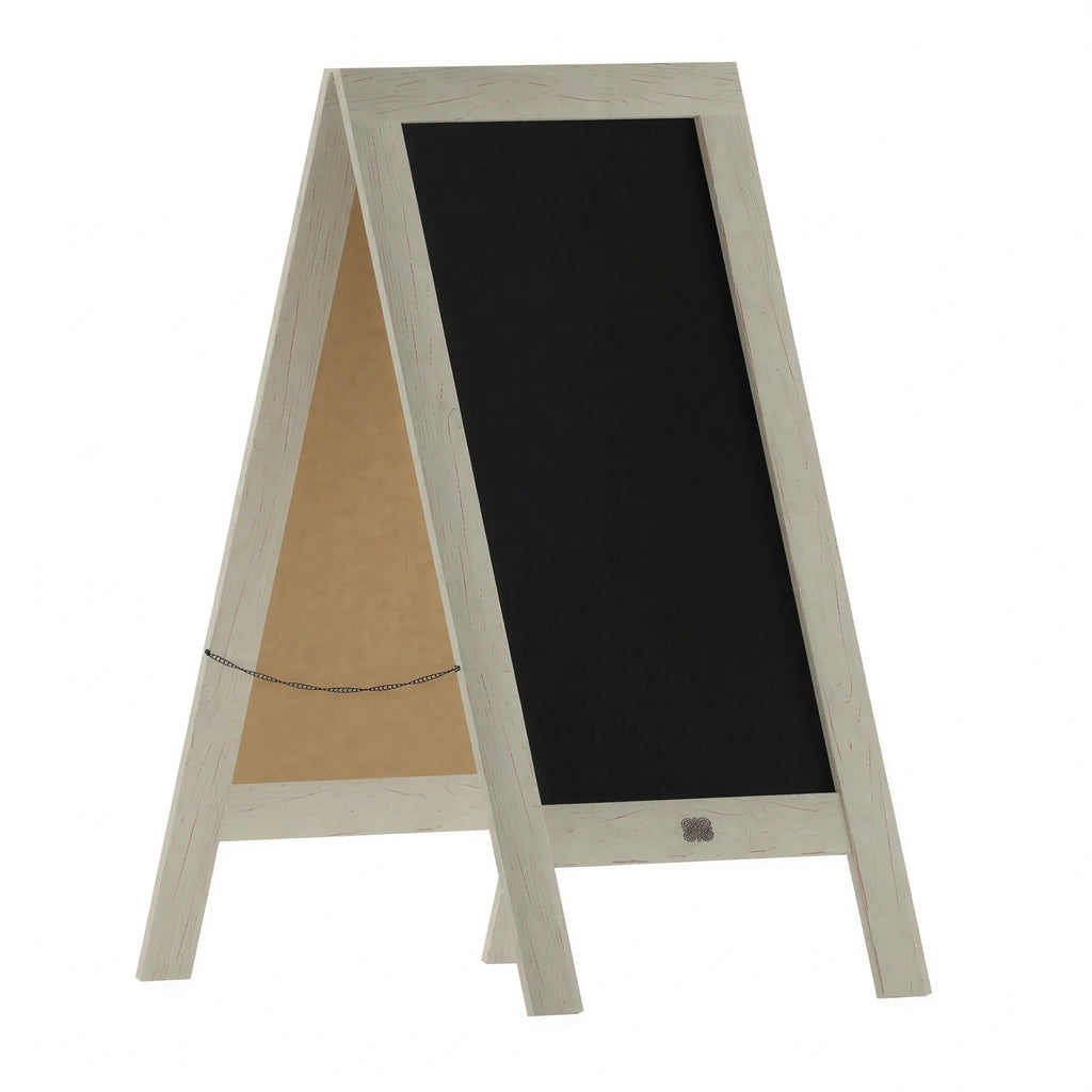 A-frame chalkboard sign with light wood frame and dark chalkboard writing surface