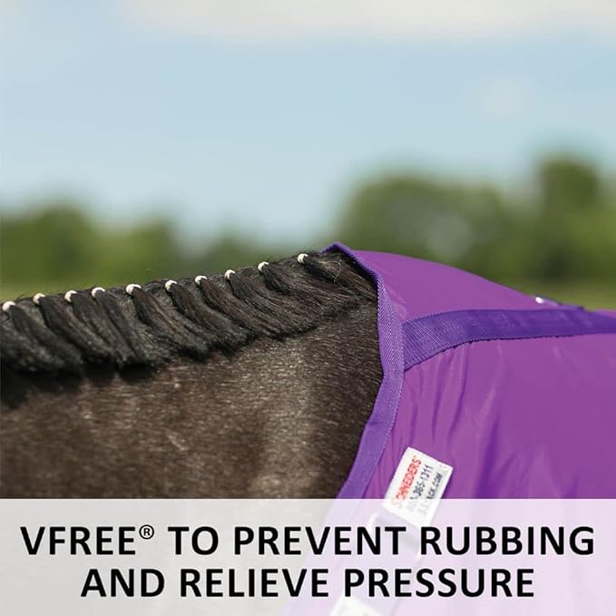 Purple stable sheet collar area with label tag and reinforced edge stitching.