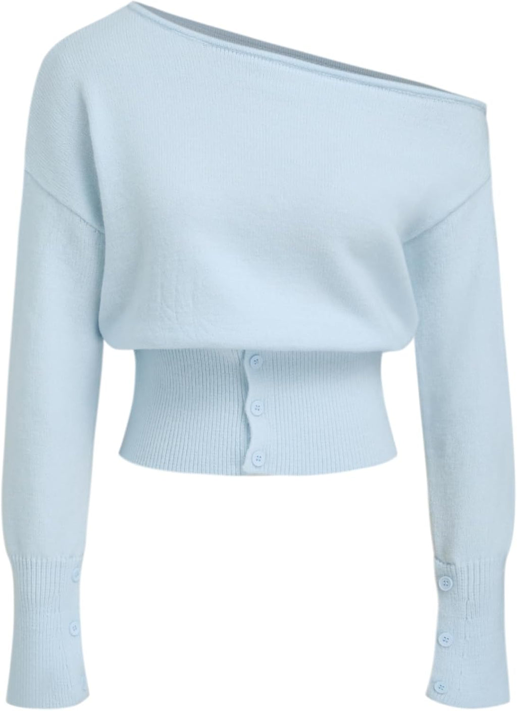 Light blue off-shoulder knit sweater with long sleeves and ribbed button hem