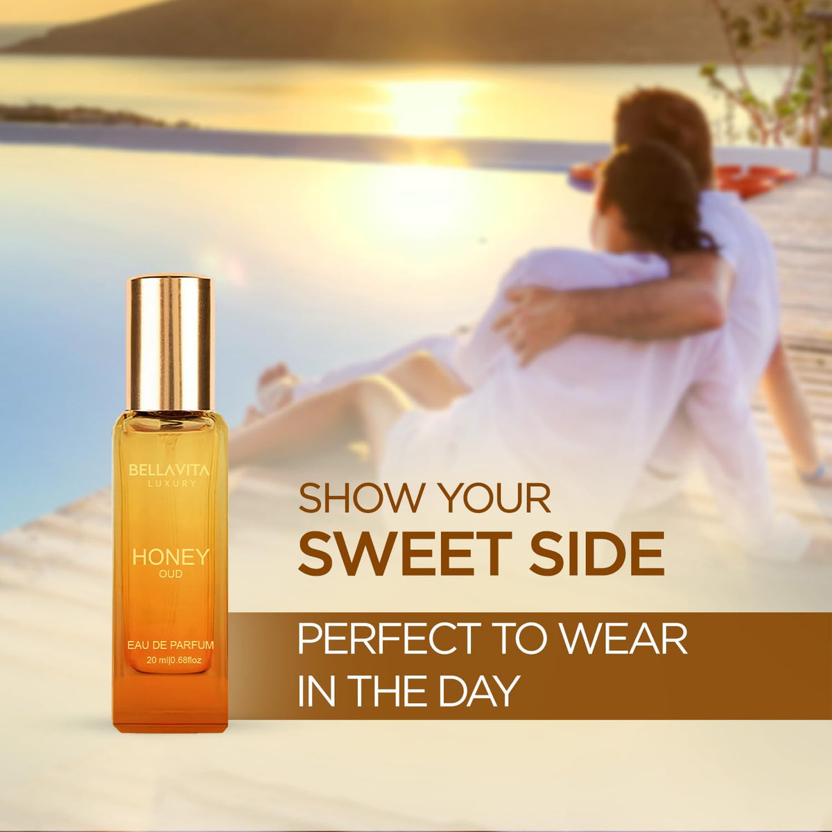 Honey Oud eau de parfum bottle with gold cap, 20 ml, by the seaside