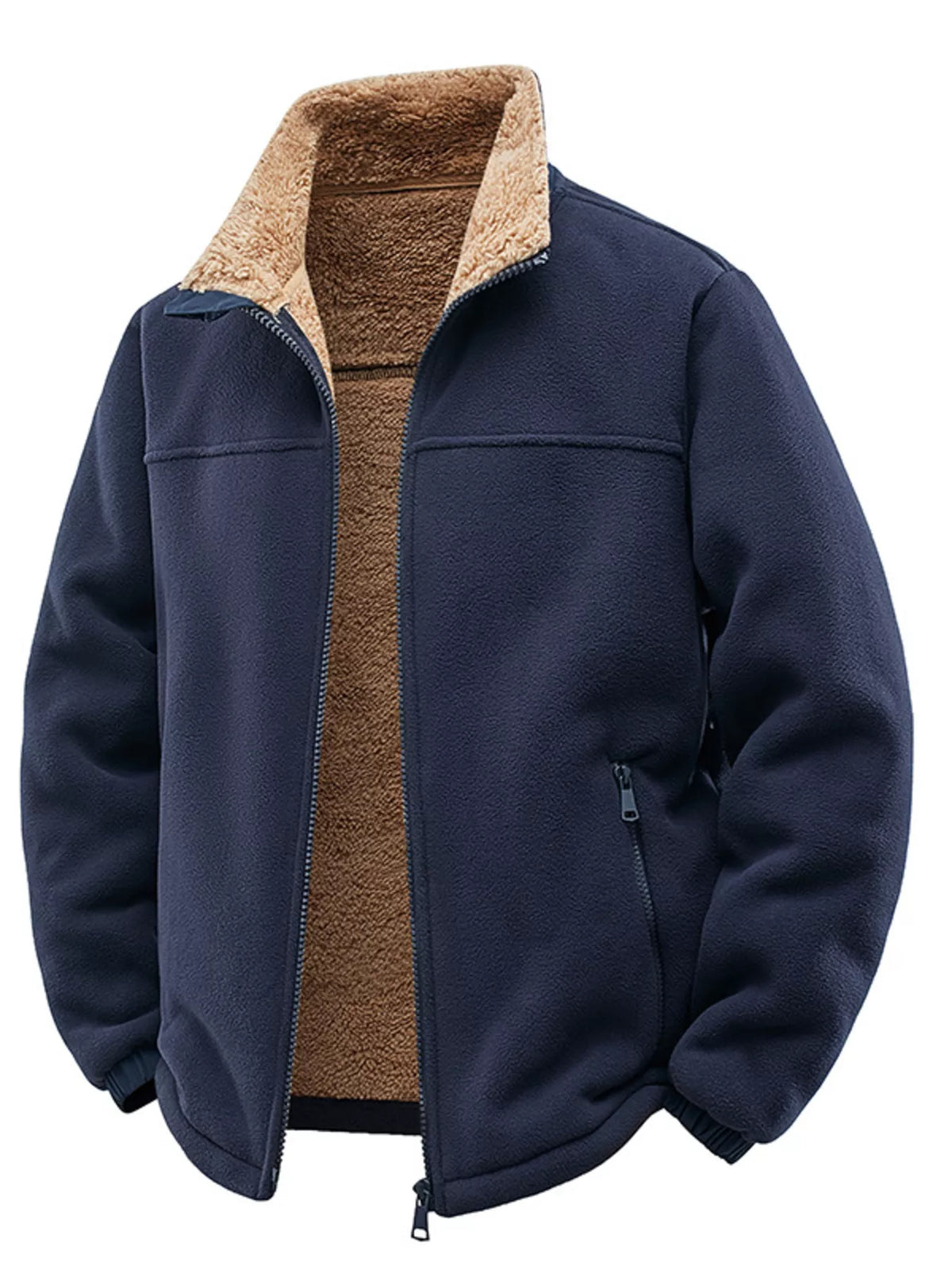 Men's plus-size zip-up fleece jacket, navy blue with tan sherpa lining and front zipper.