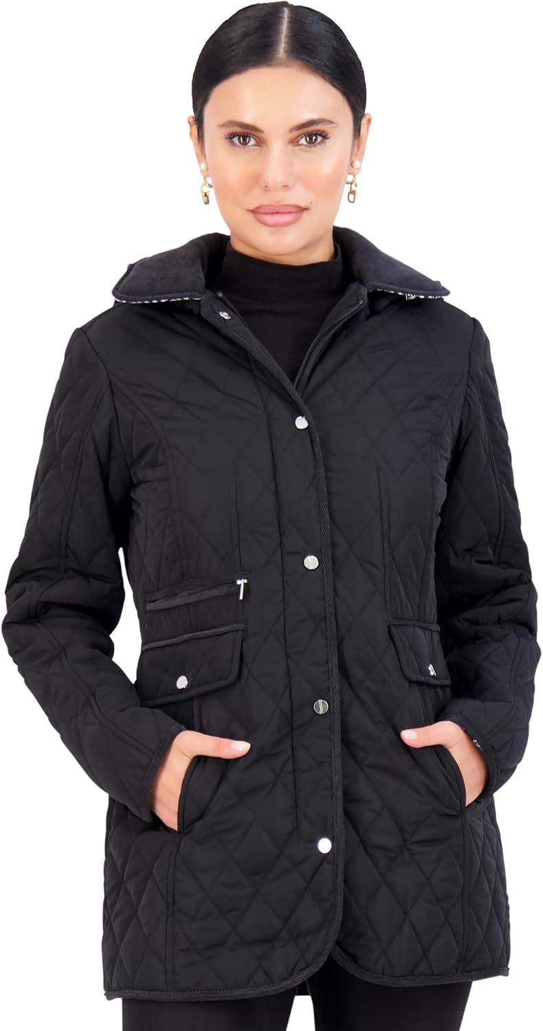 Black quilted mid-length womens jacket with button front, stand collar, flap pockets