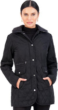 Black quilted mid-length womens jacket with button front, stand collar, chest flap pocket