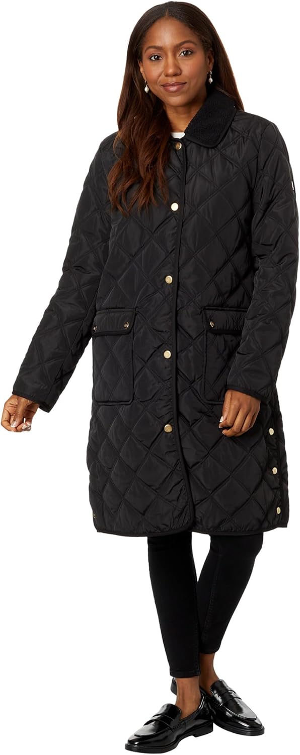 Black quilted 3/4 jacket with stand collar, berber trim, gold-button placket