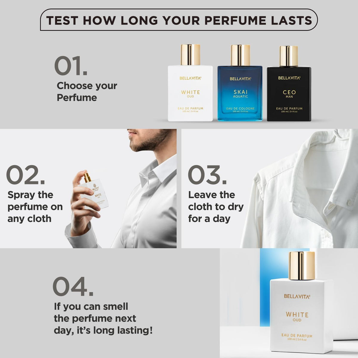 Three eau de parfum bottles with gold caps: White Oud, SKAI, Ceno.