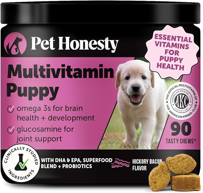 Multivitamin puppy treat container with dog photo and 90 tasty chews graphic