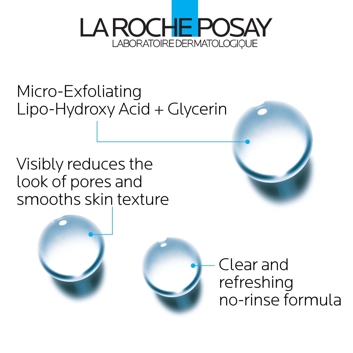 Face toner usage infographic with blue droplets and clear, no-rinse formula callouts