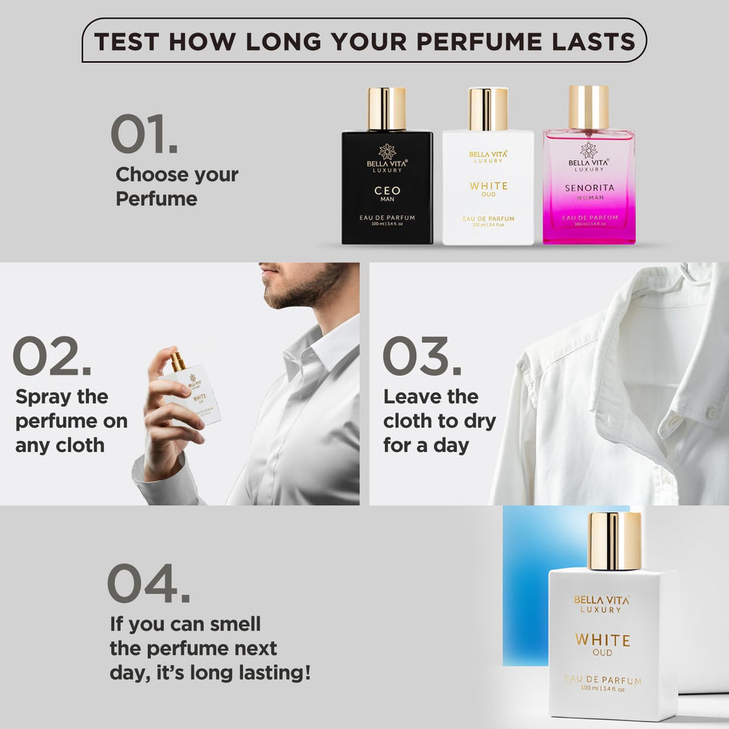 Three eau de parfum bottles with gold caps: CEO, White Oud, Senorita.