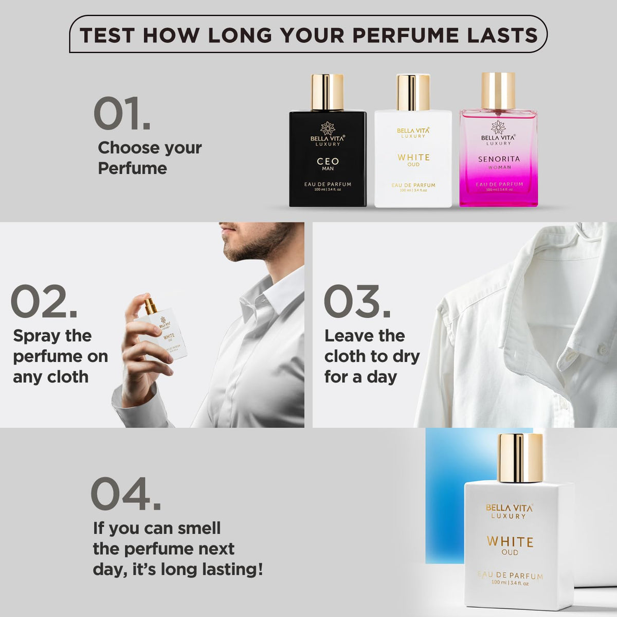 Three eau de parfum bottles with gold caps: CEO, White Oud, Senorita.
