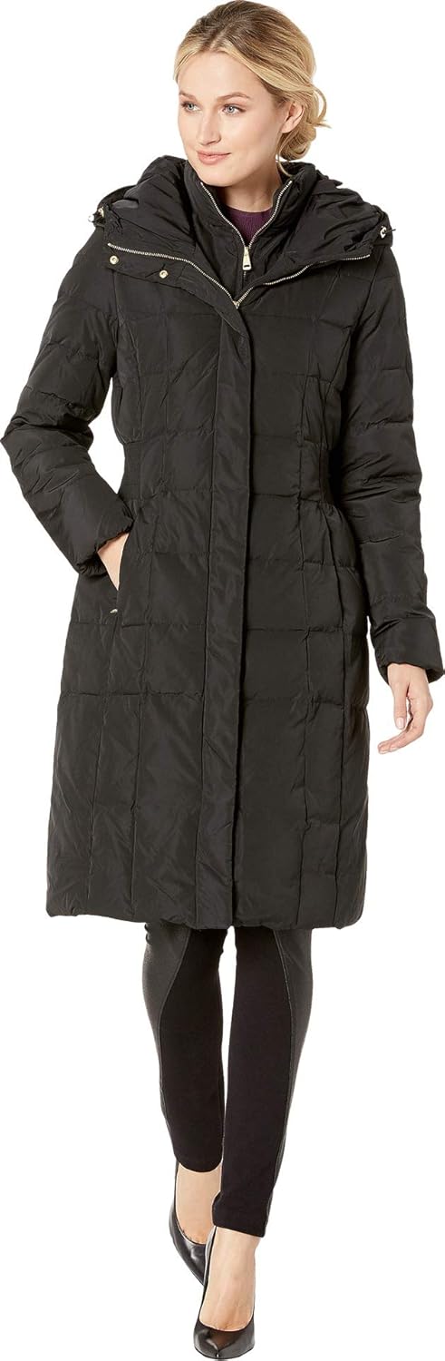 Women's long quilted puffer coat, dark charcoal, hooded with front zipper and pockets