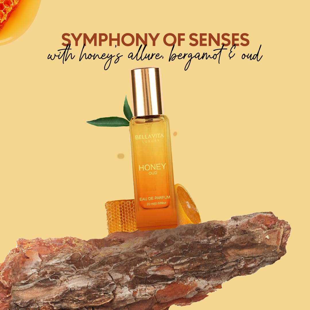 Honey Oud eau de parfum bottle with gold cap and honeycomb accents, 20 ml