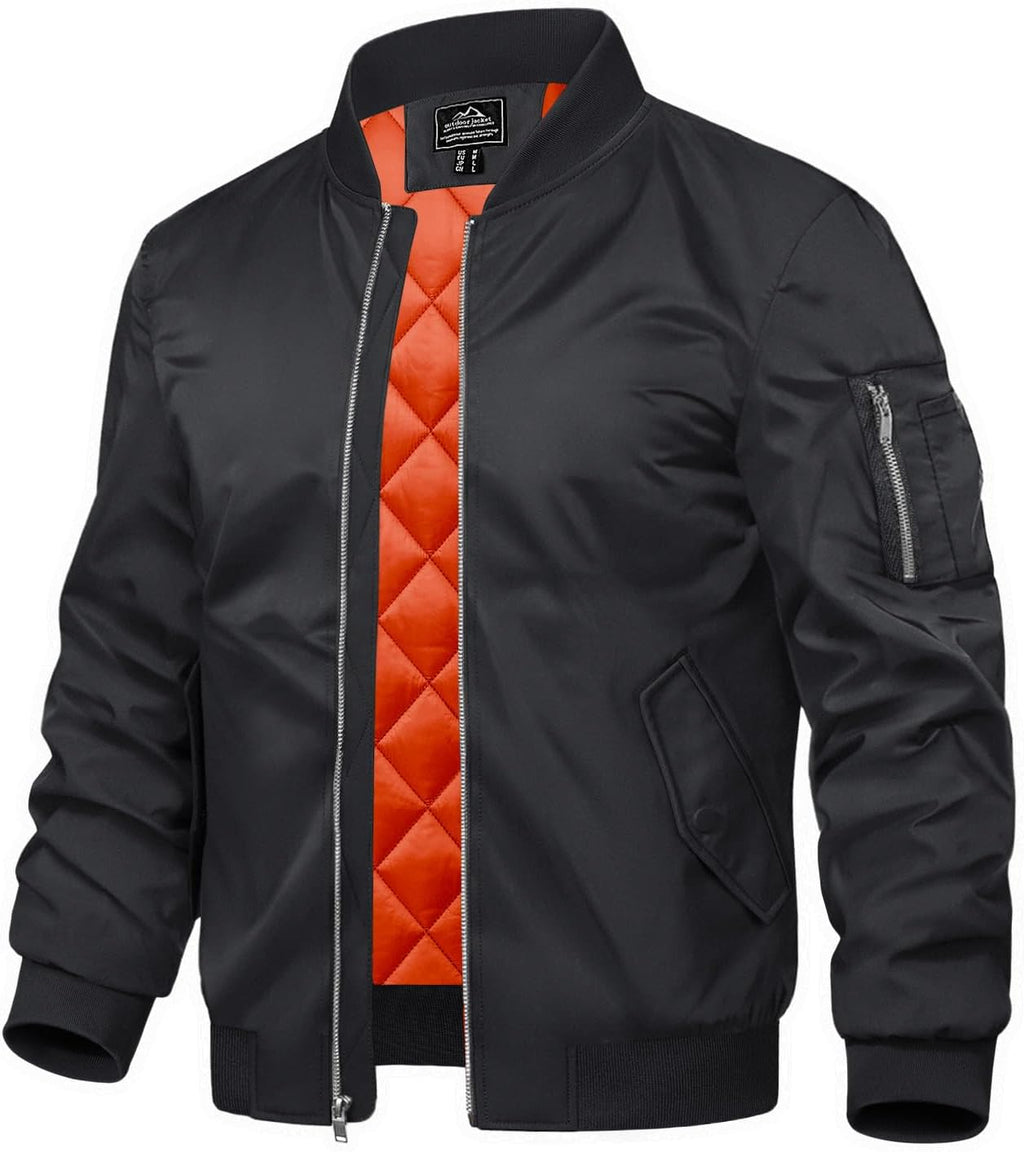 Men's black bomber jacket, orange quilted lining, full-zip front, side zip pockets