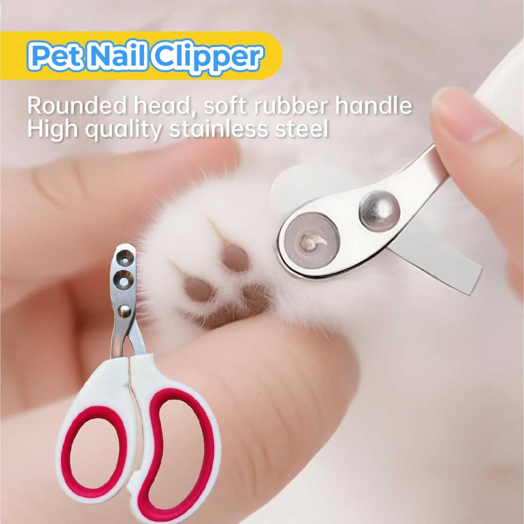 Pet nail clipper with stainless steel blades and red-and-white soft grip handle