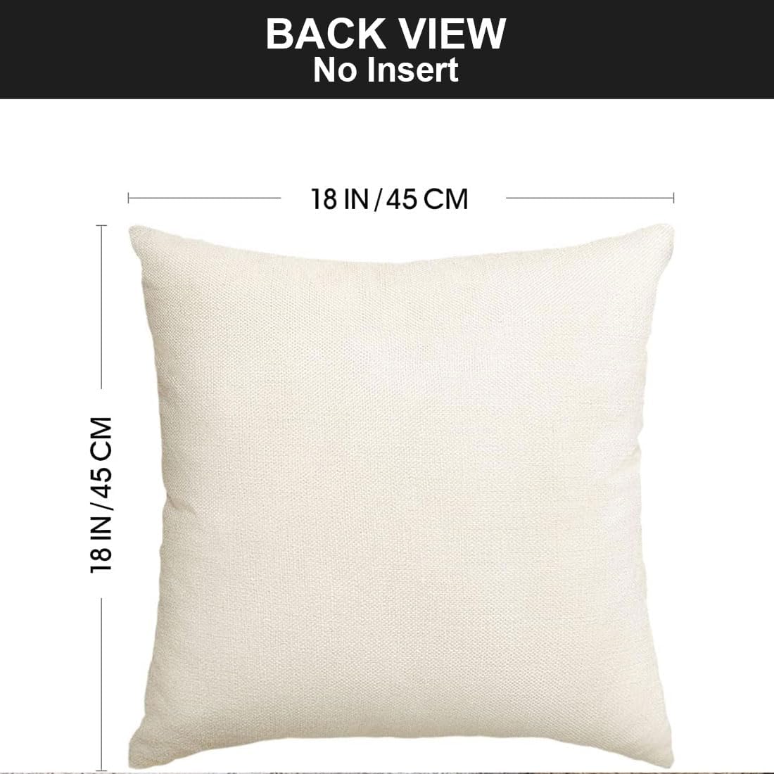 Cream square pillow cover, back view, 18 in (45 cm), no insert