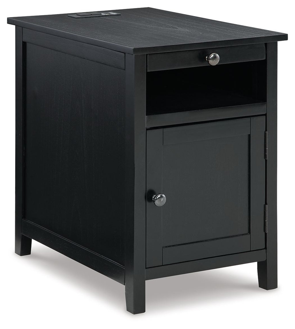 Wood chair side end table in dark gray with drawer, cabinet door, and open shelf