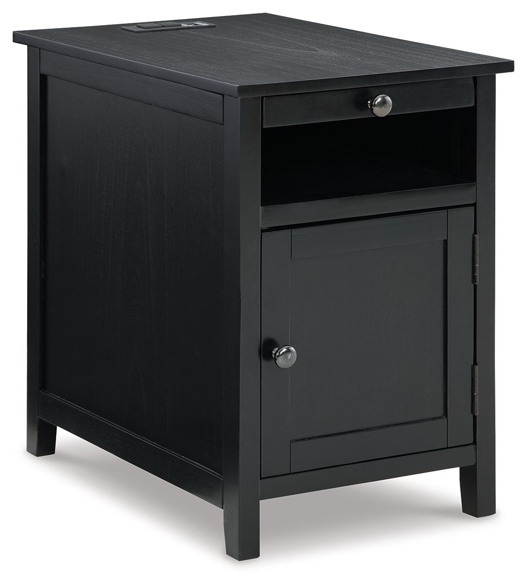 Wood chair side end table in dark gray with drawer, cabinet door, and open shelf