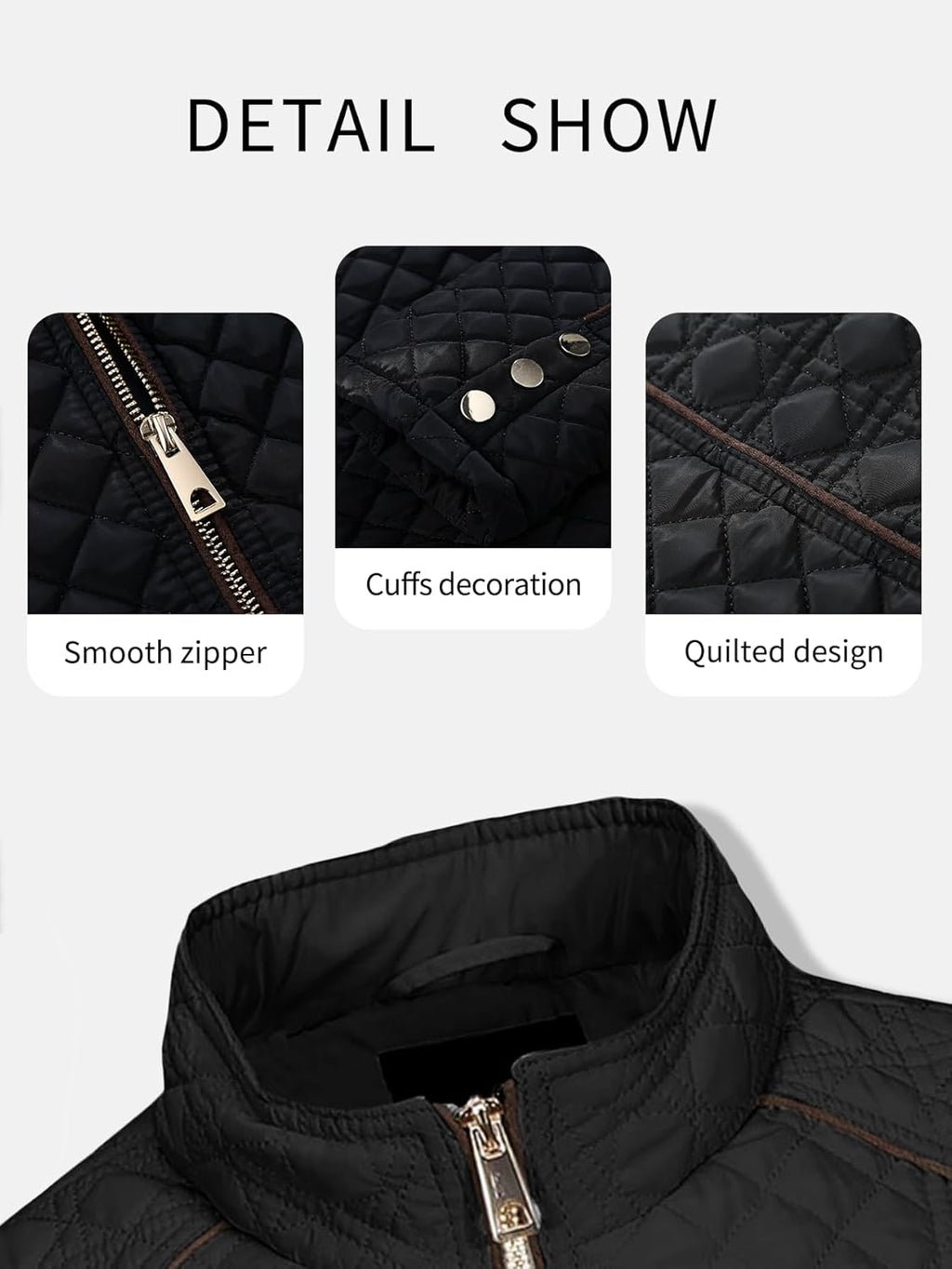 Puffer jacket detail collage showing smooth zipper, cuffs, and quilted design
