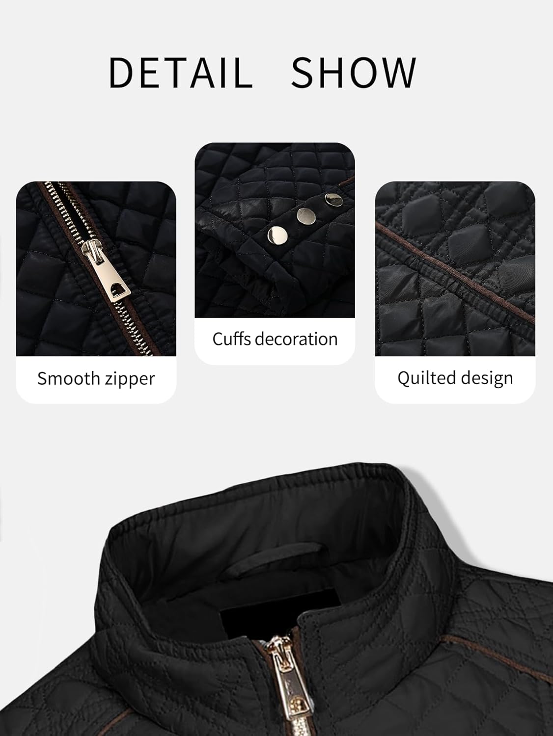 Puffer jacket detail collage showing smooth zipper, cuffs, and quilted design