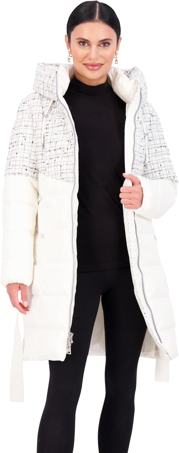 Cream hooded puffer jacket with front zipper and removable waist belt, straight-on view