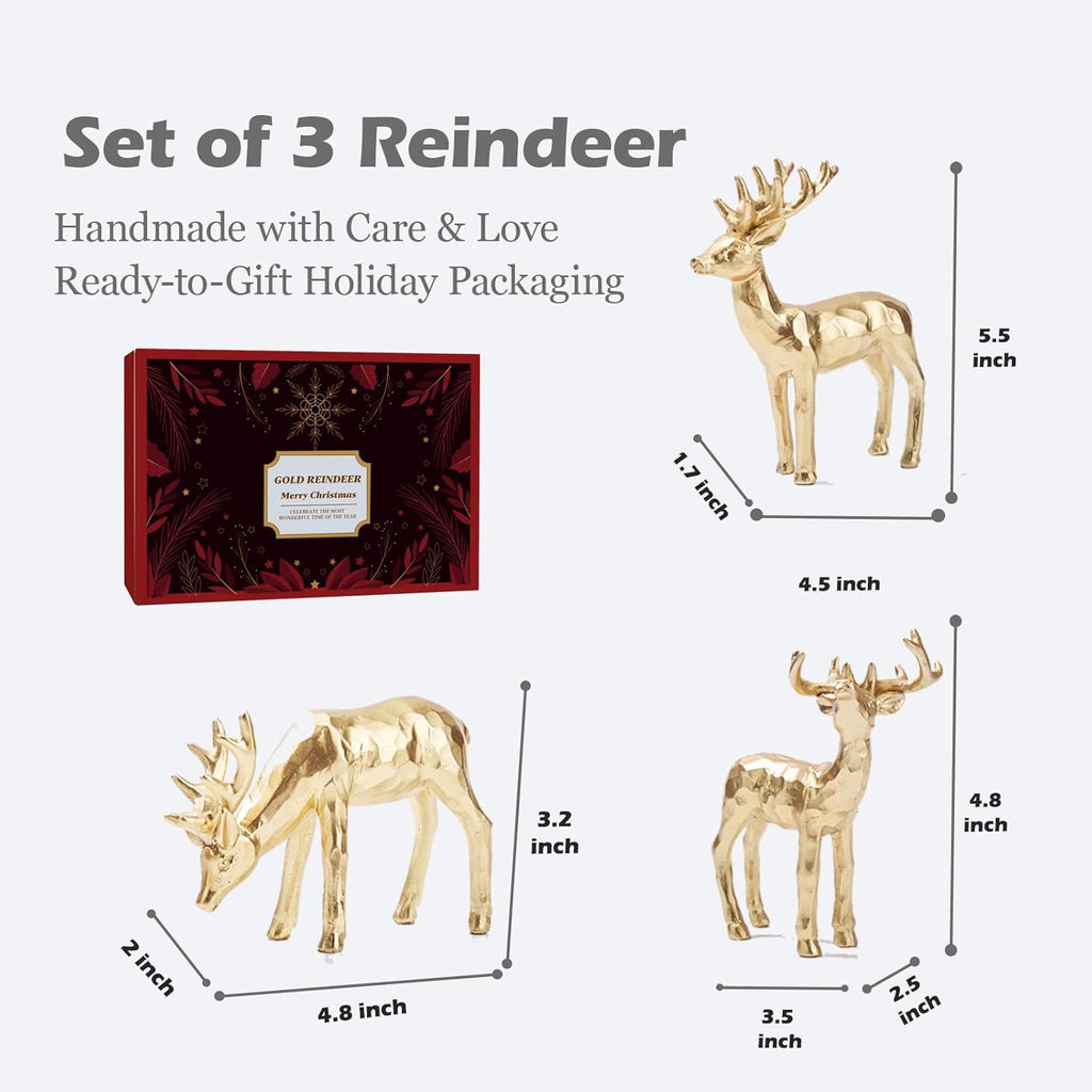 Set of 3 gold resin reindeer figurines shown with size measurements
