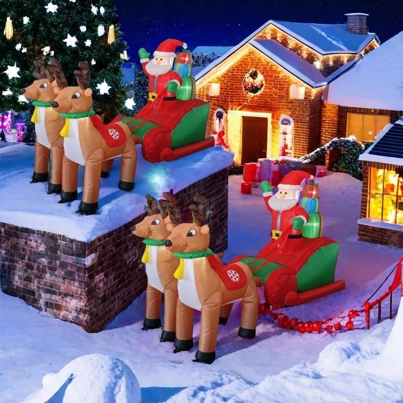 Inflatable Christmas deer pull car with Santa driving and two reindeer standing in front