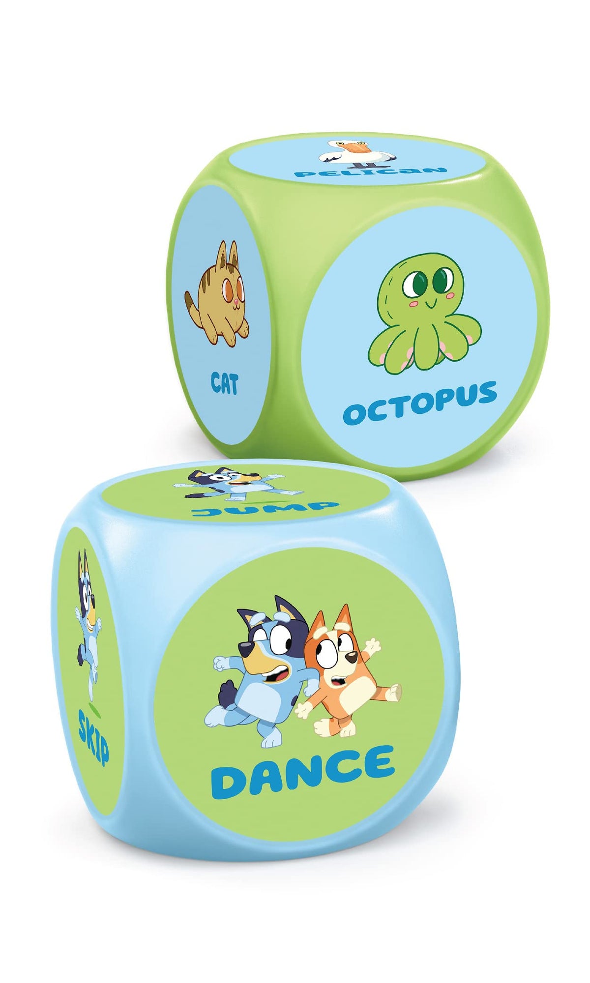 Pair of blue-and-green action dice with animal faces and labeled actions like dance.