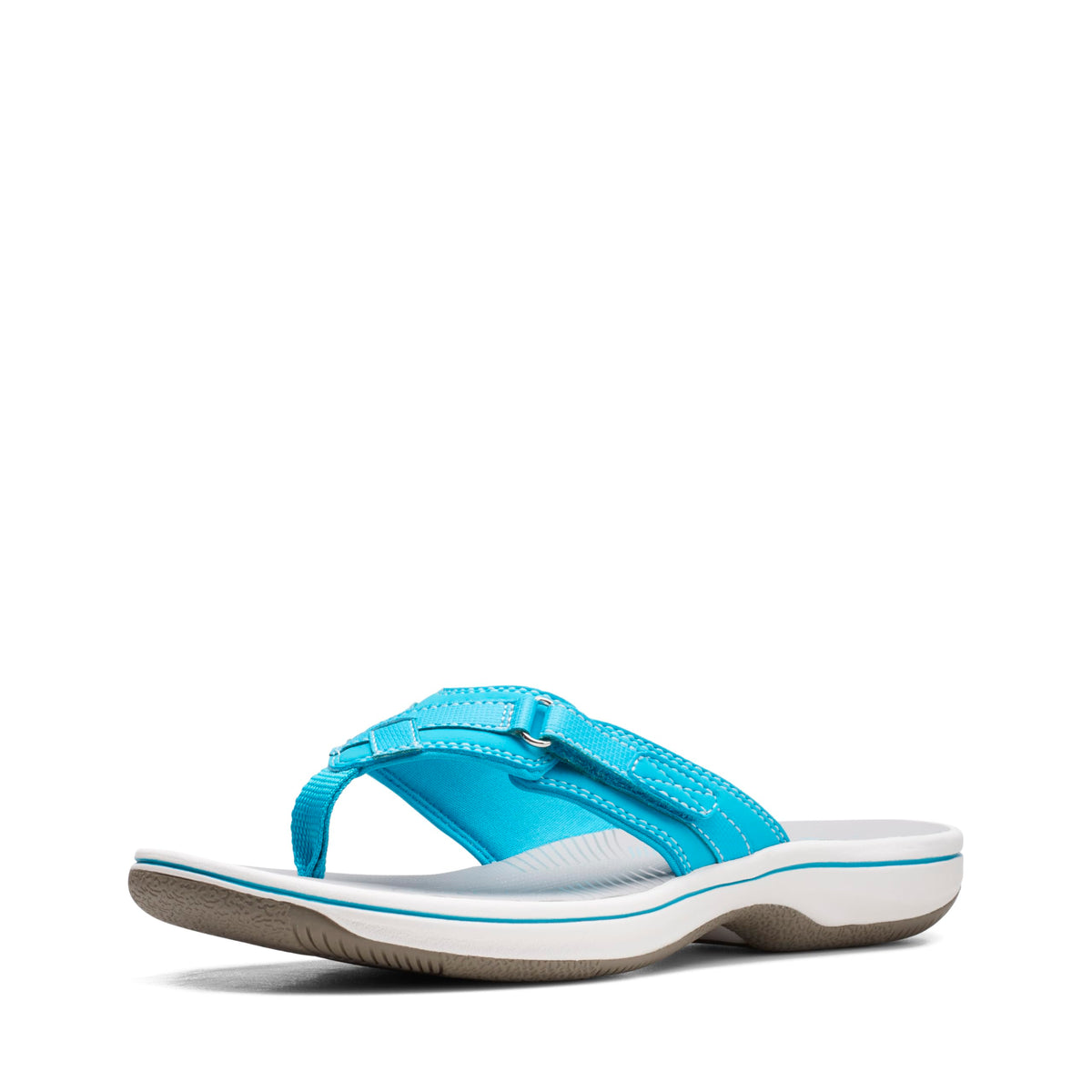 Clarks women’s flip-flop sandals with blue toe-strap and cushioned sole