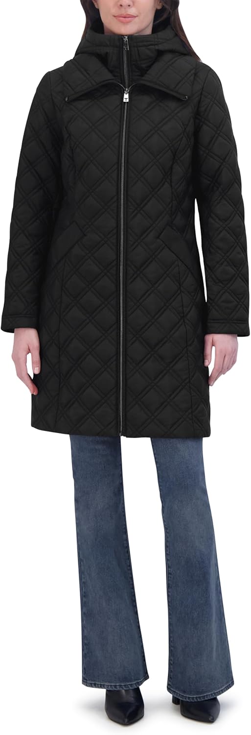 Black quilted hooded jacket with full zip front and neat stand collar