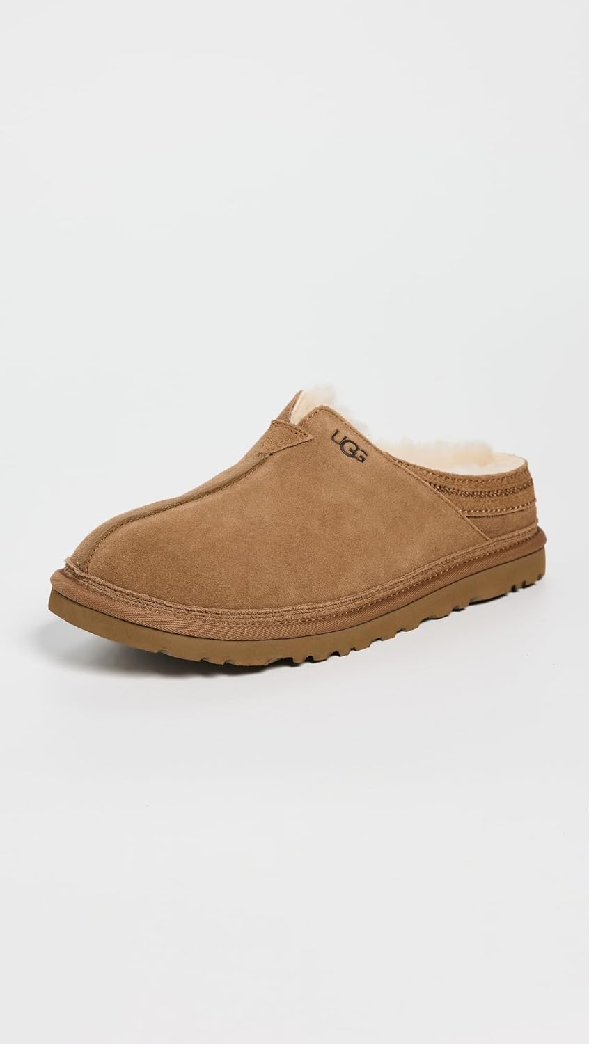 Men's UGG Neuman chestnut-brown suede slippers with soft fur lining and rubber tread sole