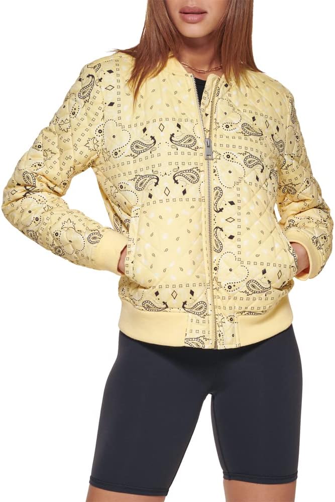 Quilted bomber jacket with full front zipper and bandana print, ribbed cuffs and hem